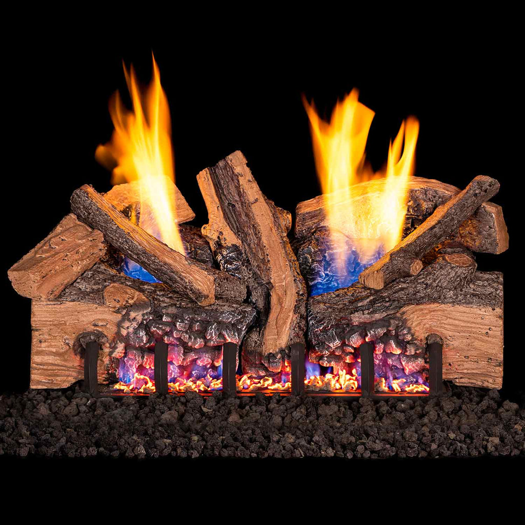 Ventless gas log set with burning split oak logs and open flames