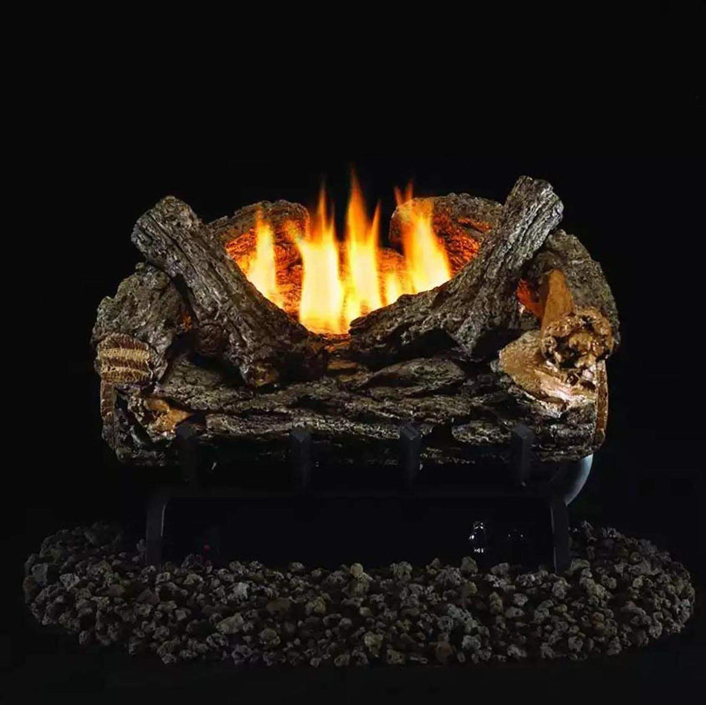 Ventless gas log set with dark split logs and bright flames in a firebox