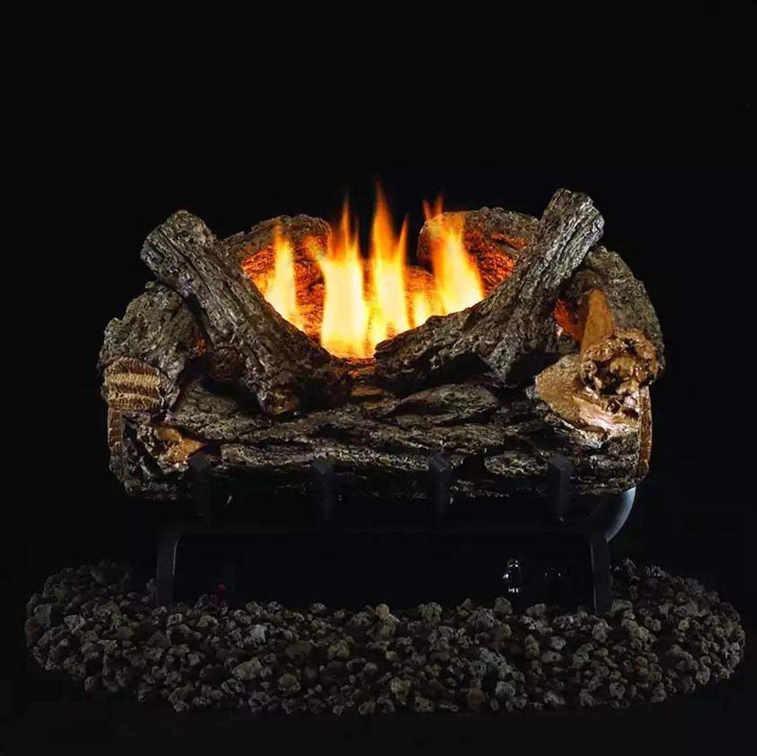 Ventless gas log set with dark split logs and bright flames in a firebox