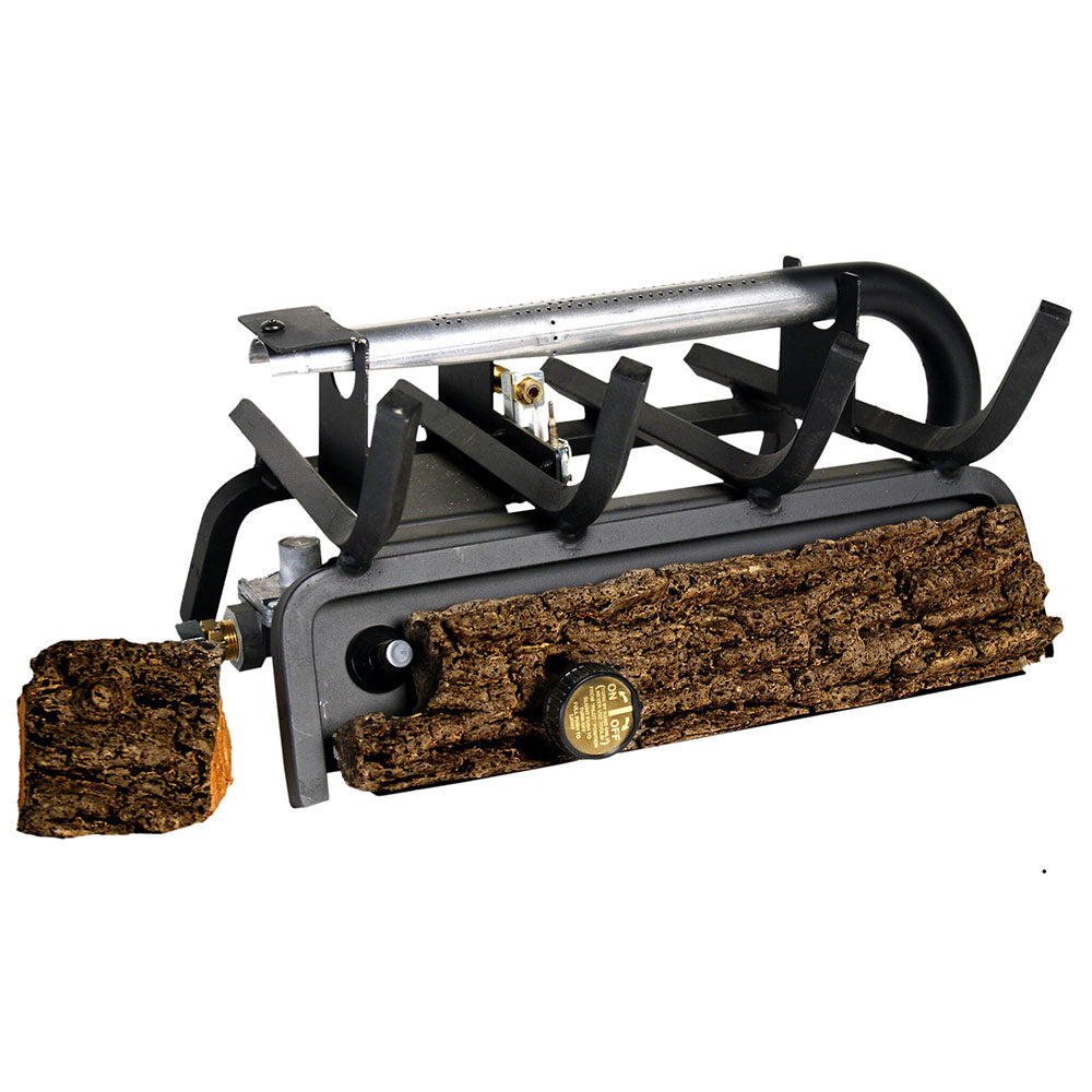 Ventless gas log burner assembly with black frame, metal tube, and log pieces