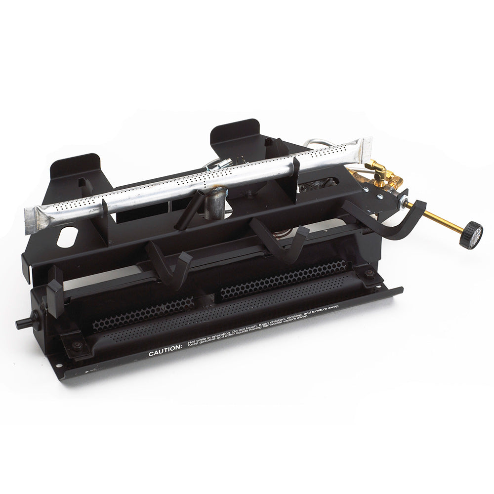 Ventless gas log burner base with metal frame, control knob, and gold fittings