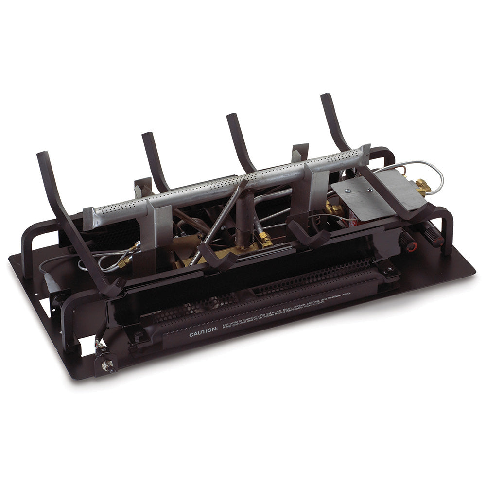Ventless gas log burner assembly with metal grate and control components