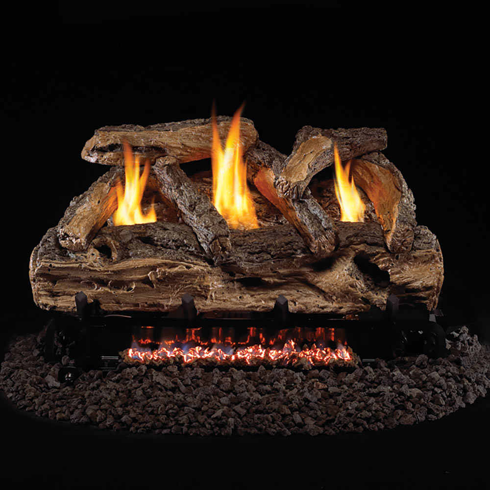 Ventless gas log set with split oak logs and orange flames, glowing embers bed
