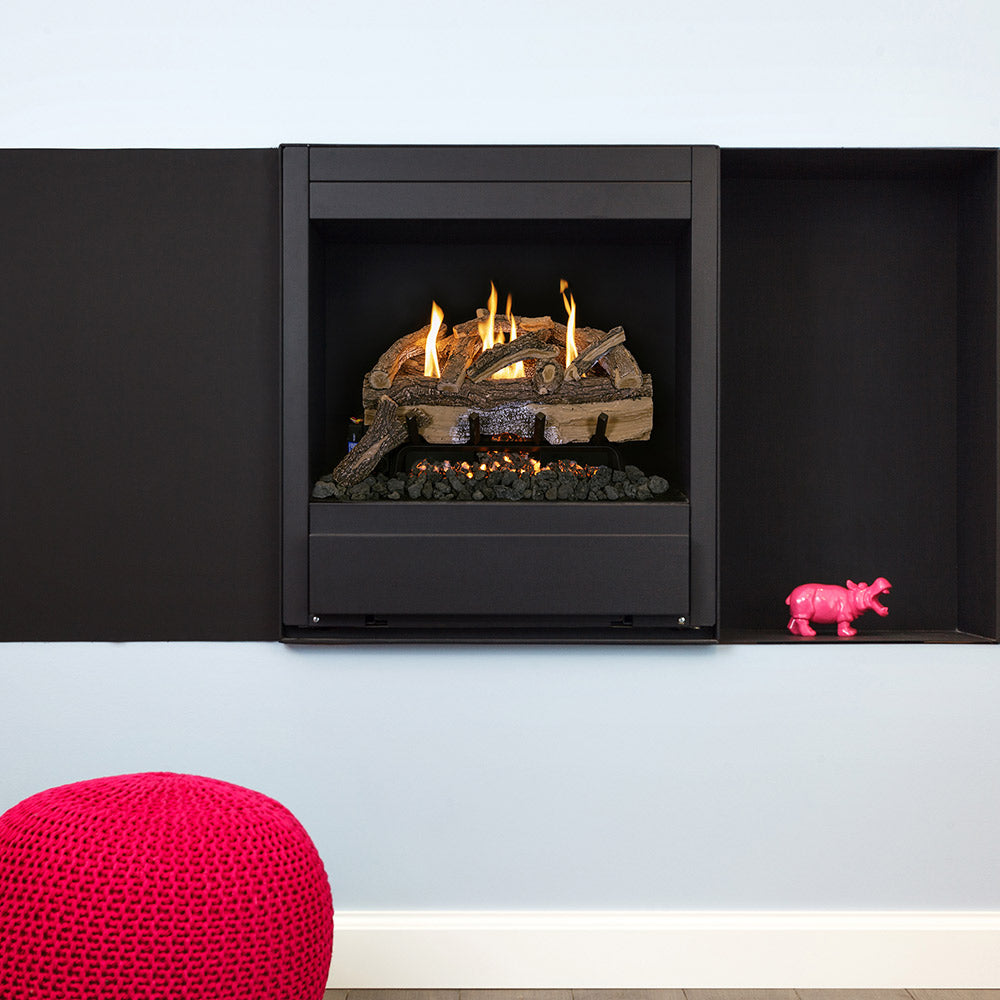 Vent-free gas log set shown in a black firebox with burning flames and embers