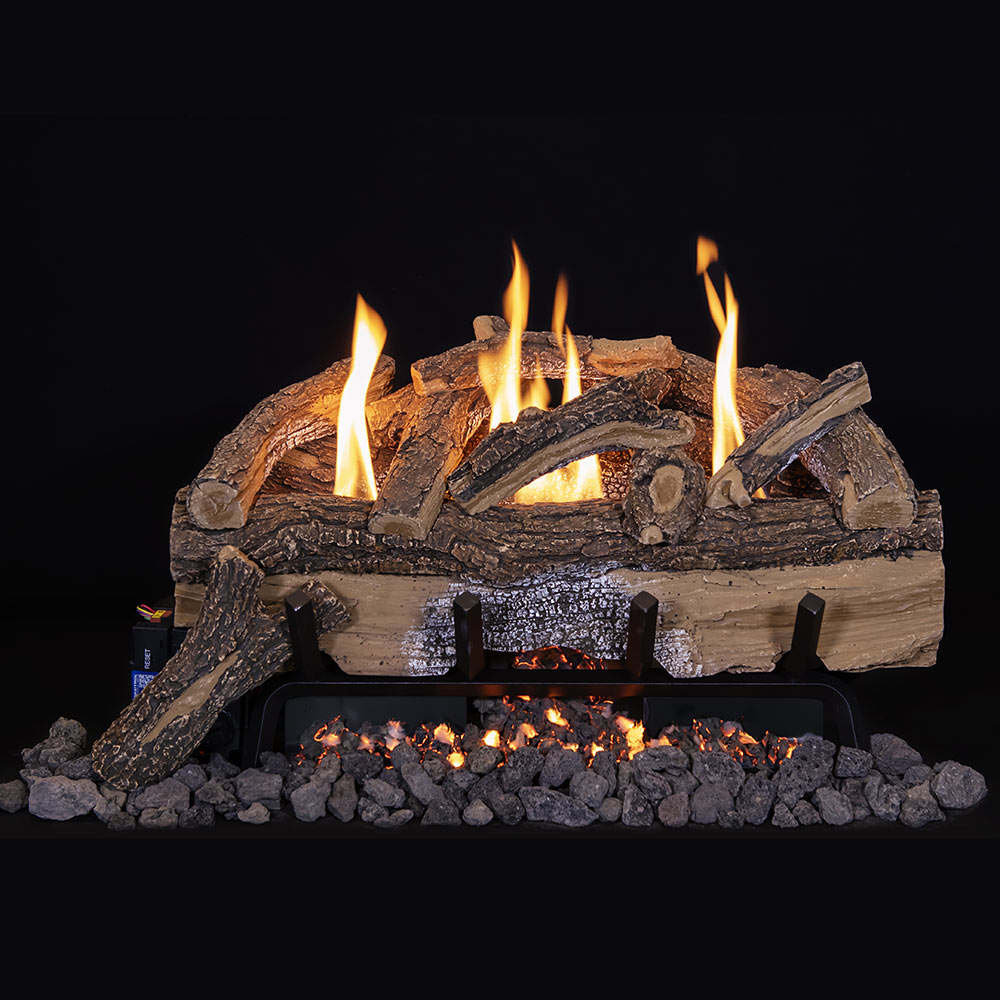 Vent-free gas log set with split oak logs, glowing embers, and visible flames