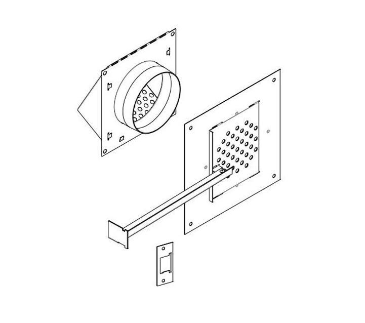 Fresh air vent kit exploded view with circular vent and wall mounting plates
