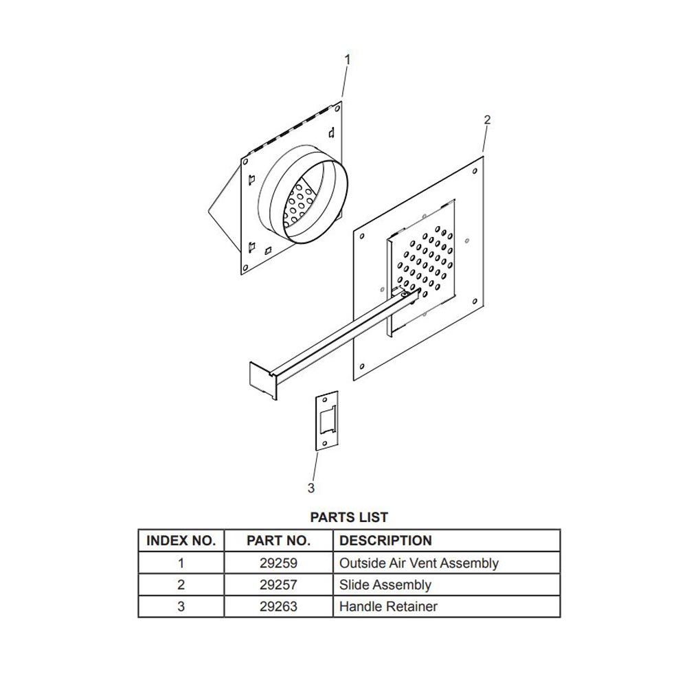 Fresh air vent kit parts layout with circular vent, slide plate, and handle retainer