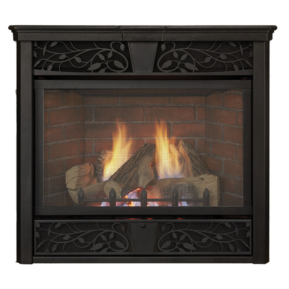 Black ventless gas fireplace with mesh screen and burning log set