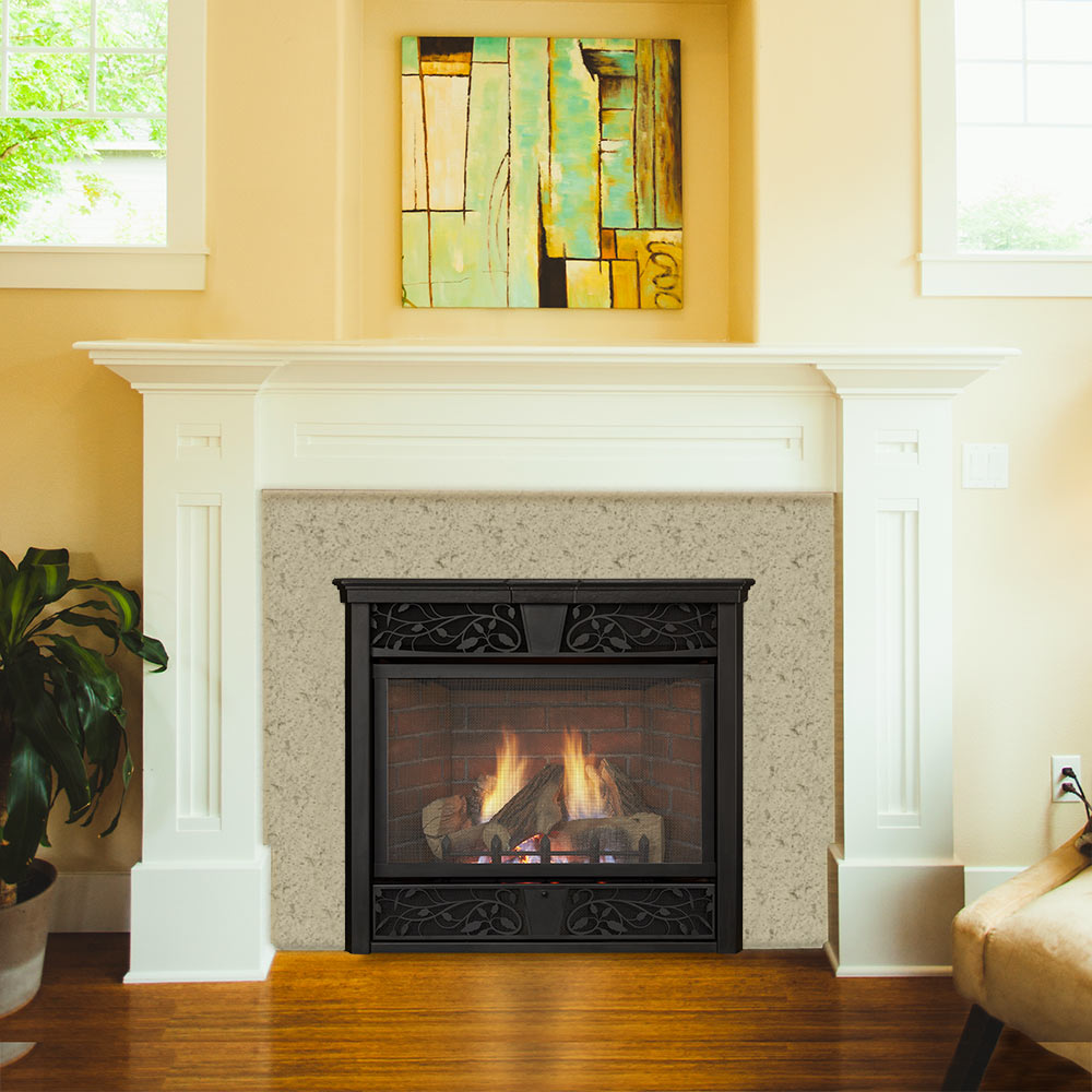 Built-in black ventless gas fireplace with flame and log set