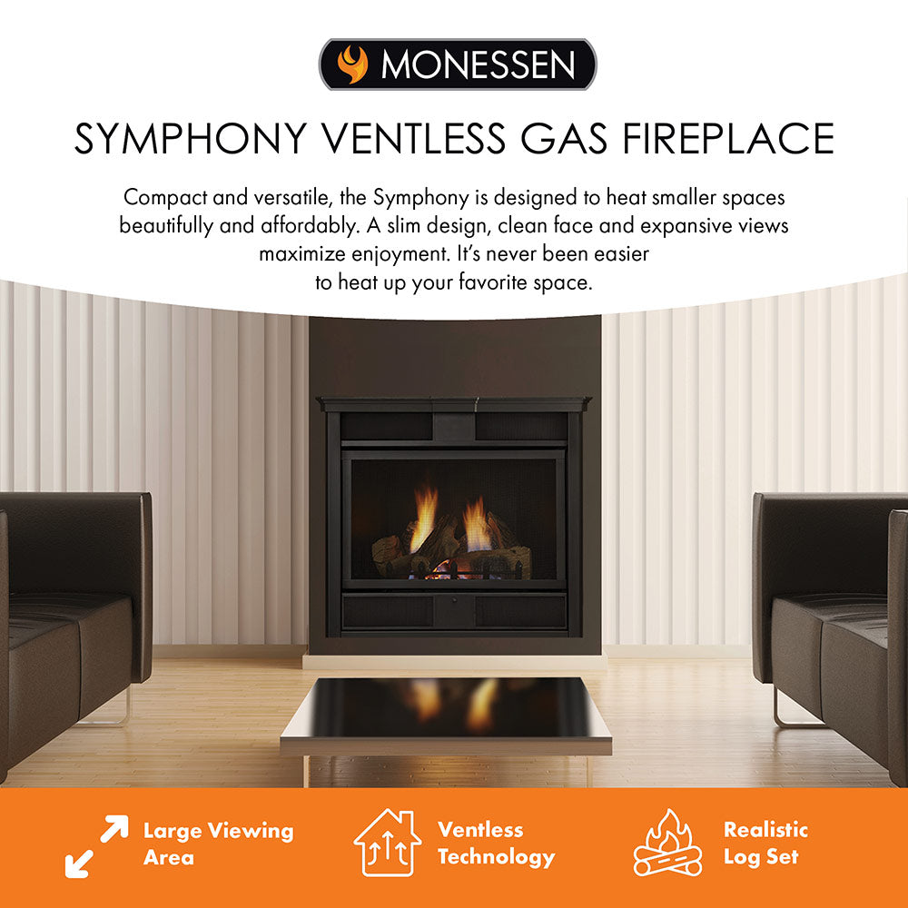 Monessen Symphony ventless gas fireplace with burning logs behind a black glass front