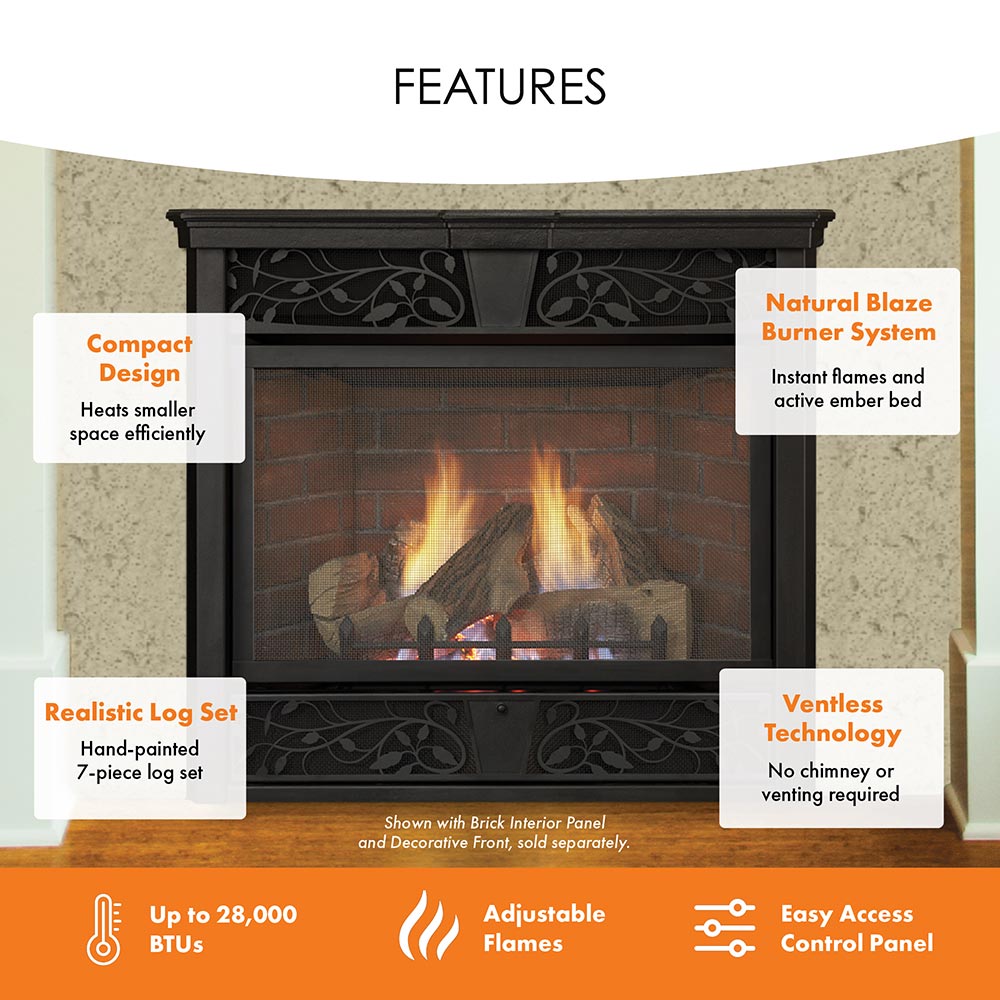 Black ventless gas fireplace with log set, natural blaze burner system, and ember flames