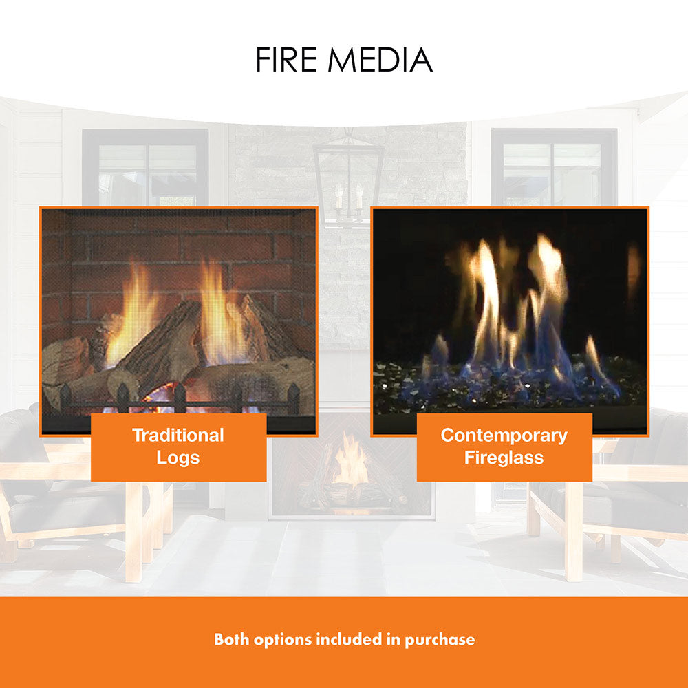 Ventless gas fireplace fire media options showing burning logs and flames