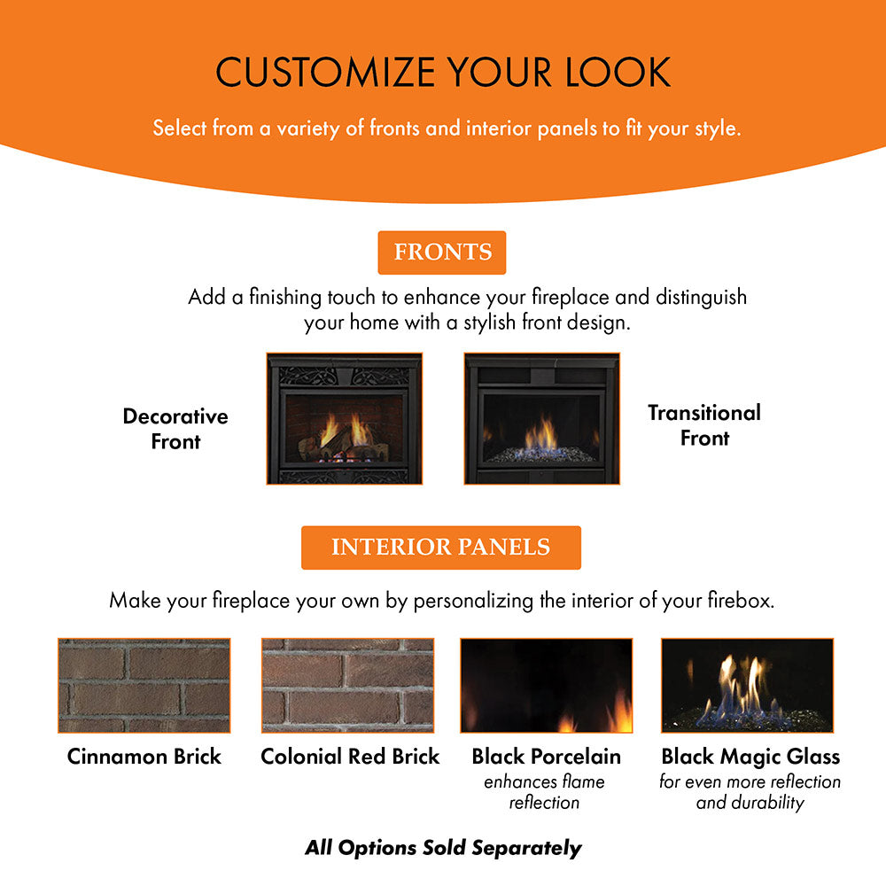 Ventless gas fireplace front and interior panel examples for customization
