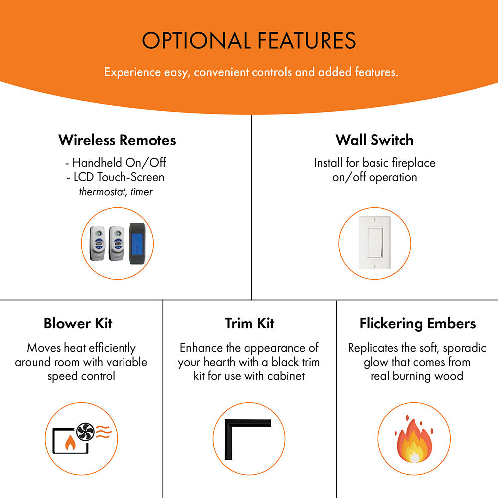 Ventless gas fireplace optional accessories diagram: remote, blower, trim