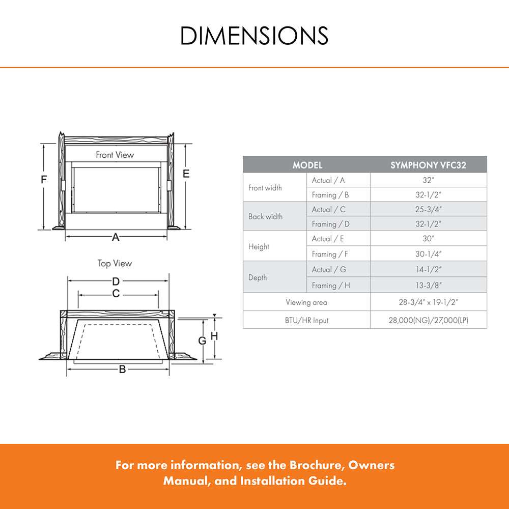 Ventless gas fireplace dimensions diagram with model size table and front/back views