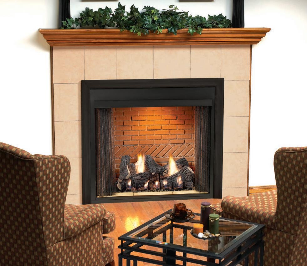 Ventless firebox insert with black frame and burning logs inside a brick interior