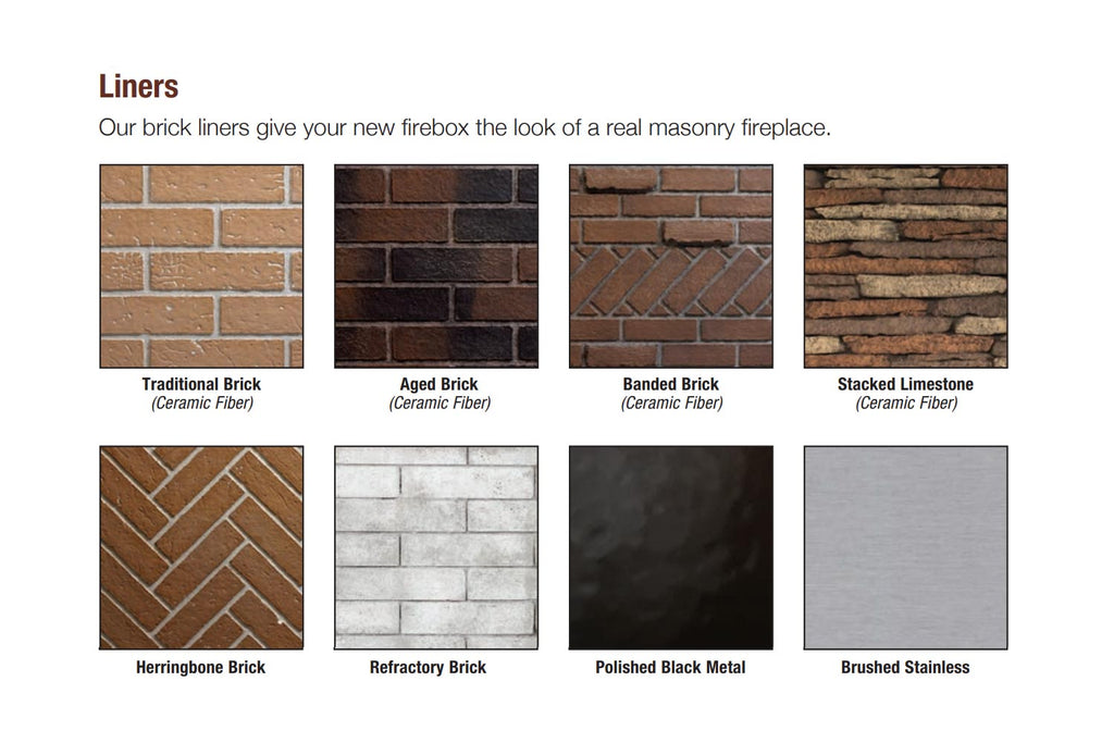 Firebox liner options showing brick, limestone, and metal surface swatches