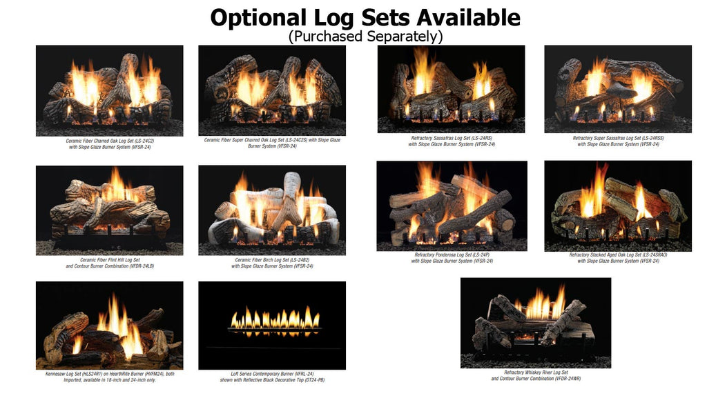 Optional log set images showing multiple log and flame configurations for a fireplace
