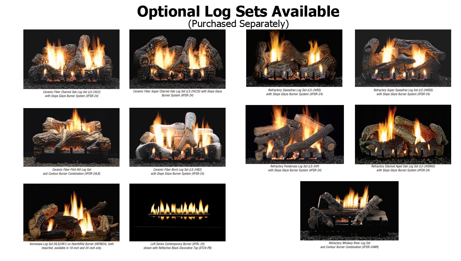 Optional log set images showing multiple log and flame configurations for a fireplace