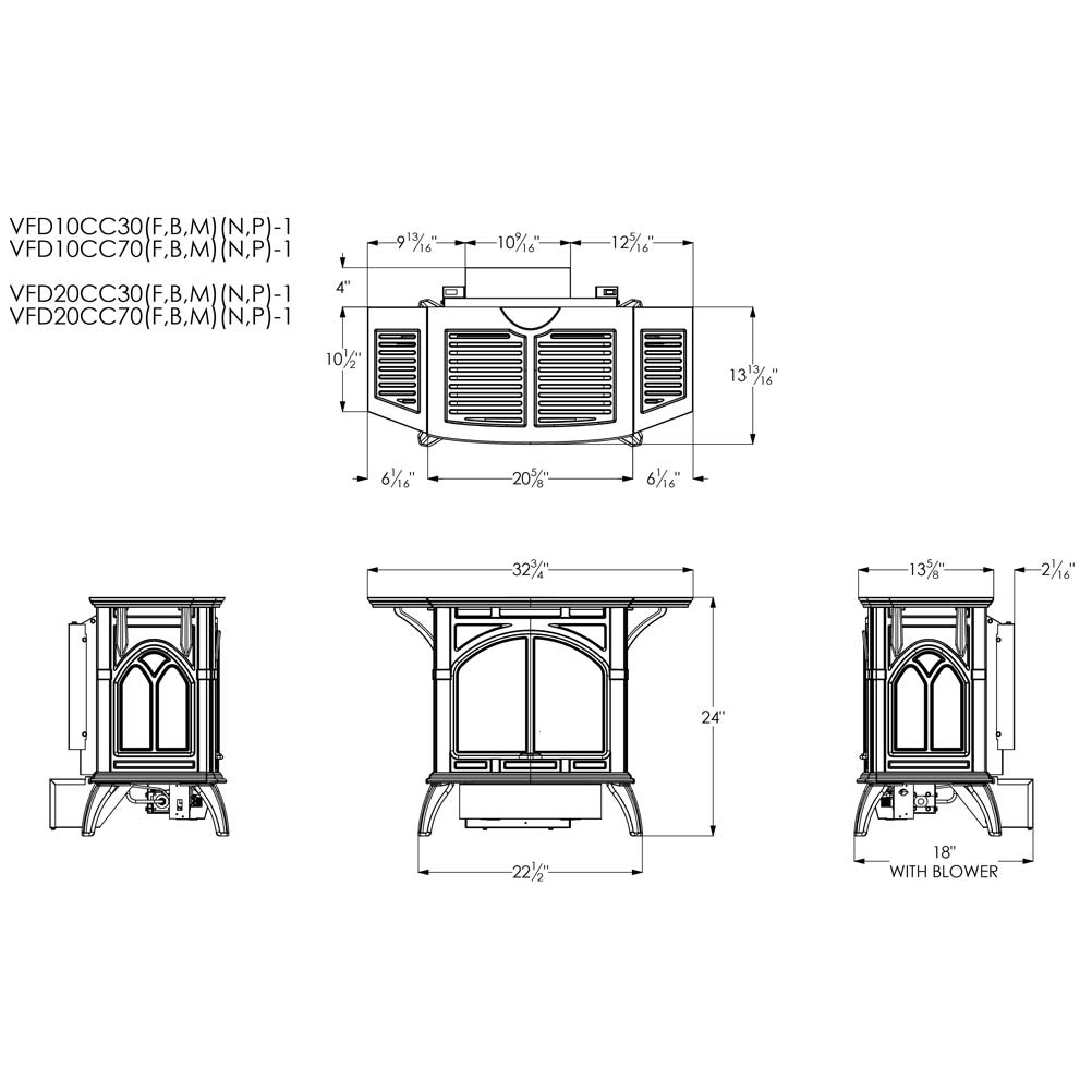 Ventless gas stove technical diagram with contour burner and dimension measurements