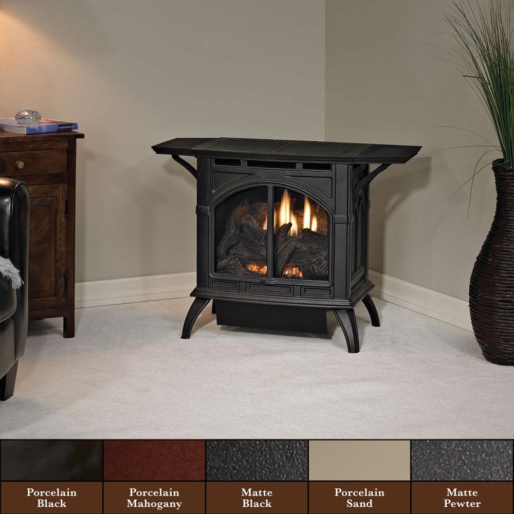Matte black cast iron ventless gas stove with glass door and burning flame