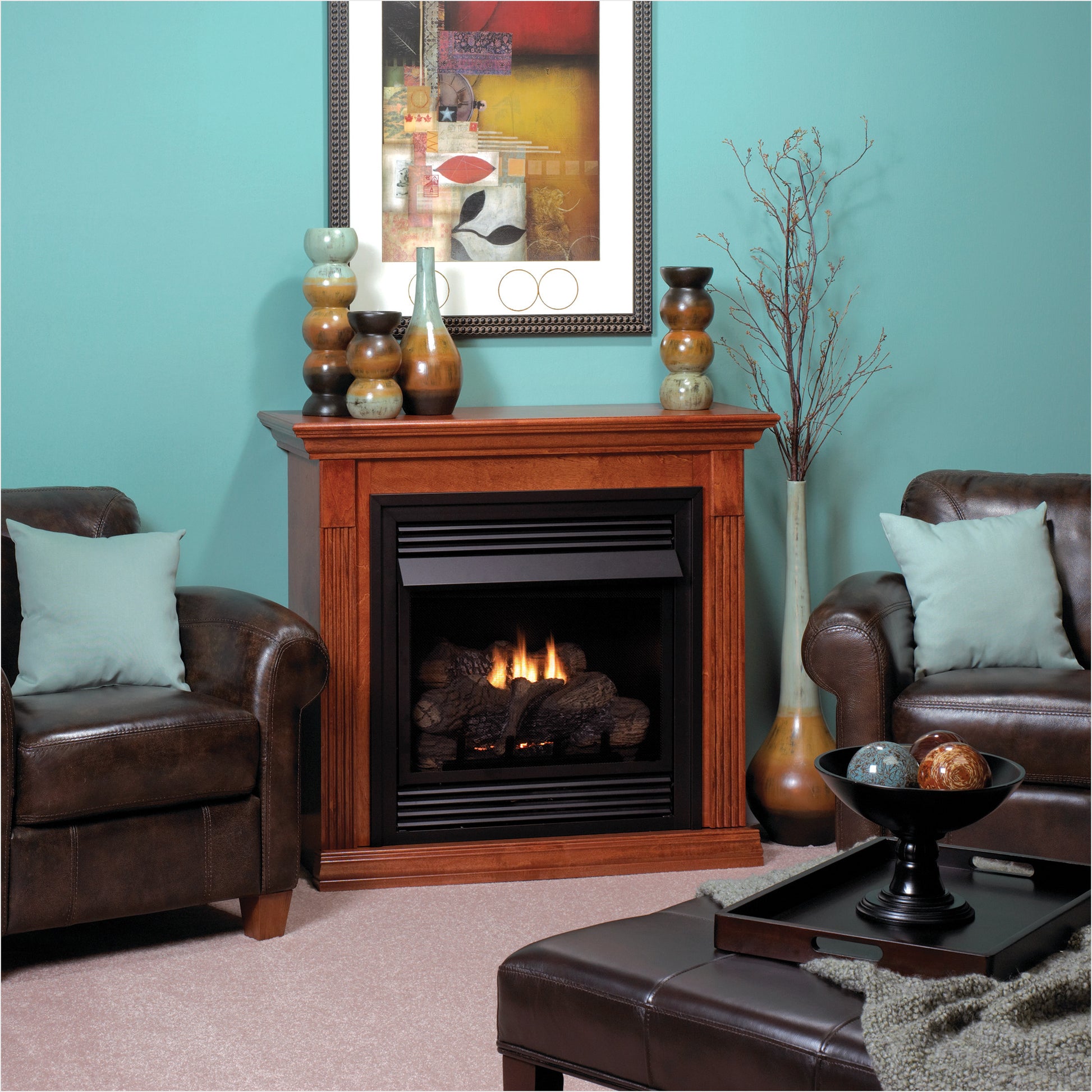 Cherry wood mantel fireplace with black firebox grille and burning log set