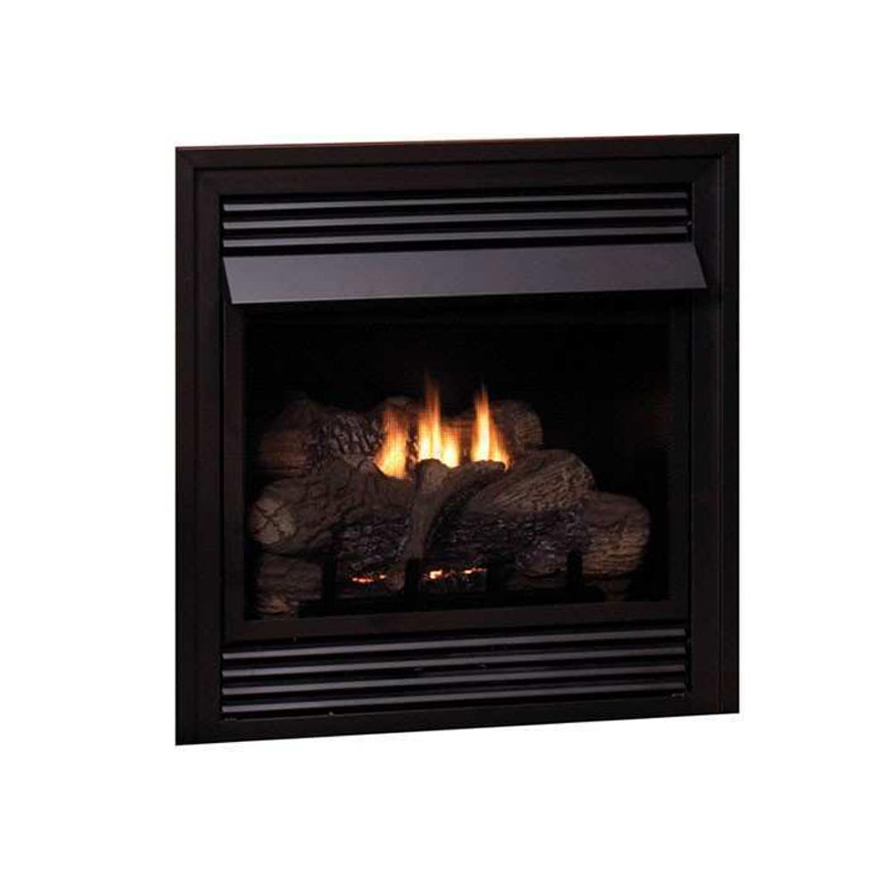 Ventless fireplace with black firebox, ceramic logs, and glowing flames behind screen