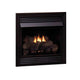 Ventless fireplace insert with black surround, glass front, and burning log set