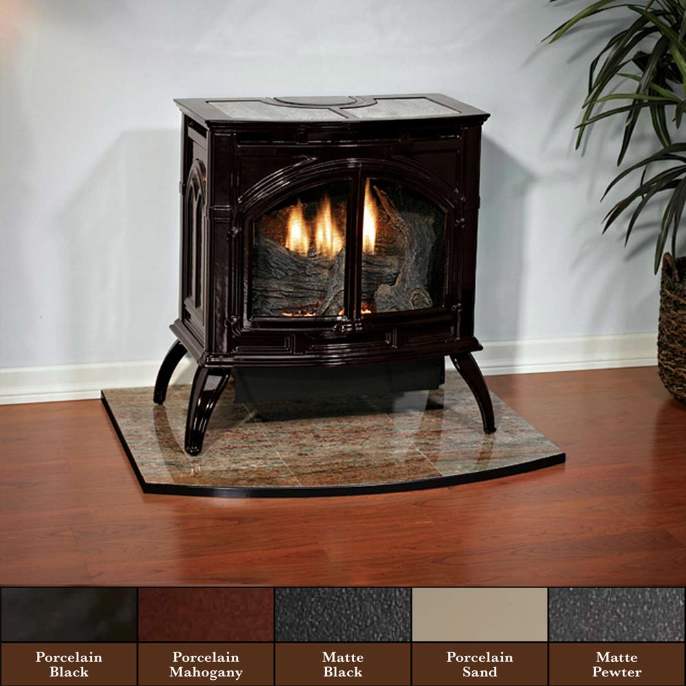 Ventless cast iron gas stove with open viewing door and burning flame