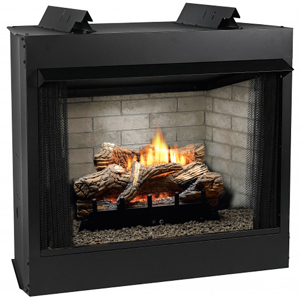 Black ventless firebox with burning log set and glass front, top louvers