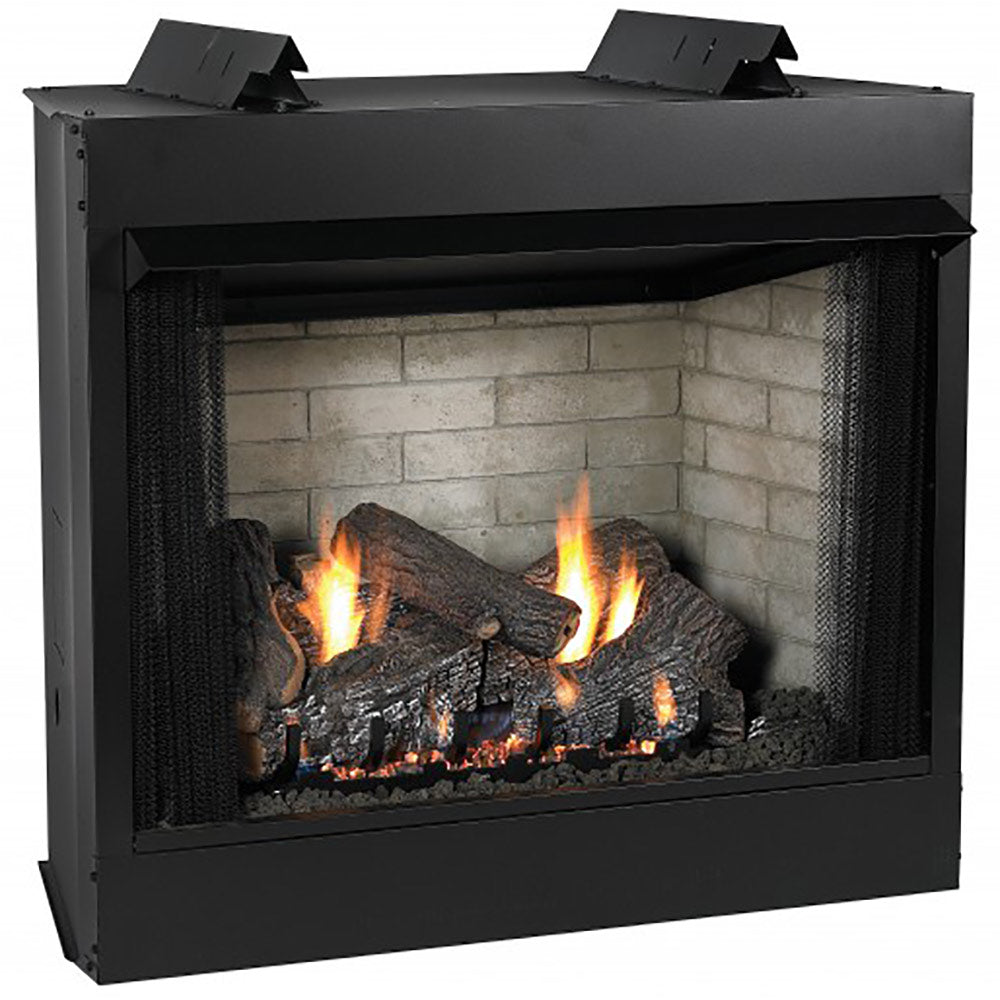 Black ventless gas firebox with glass front, burning logs, and arched firebox opening
