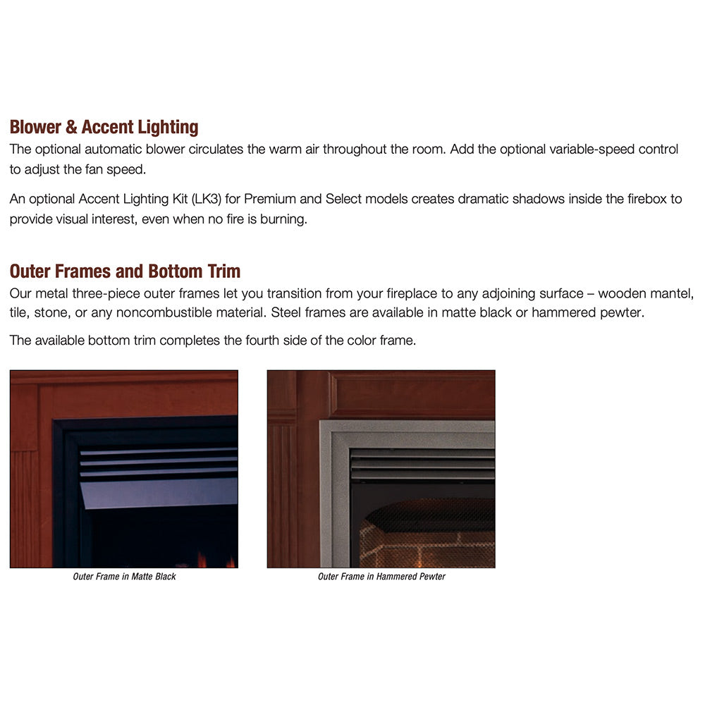 Firebox blower and accent lighting feature diagram with outer frame and bottom trim options