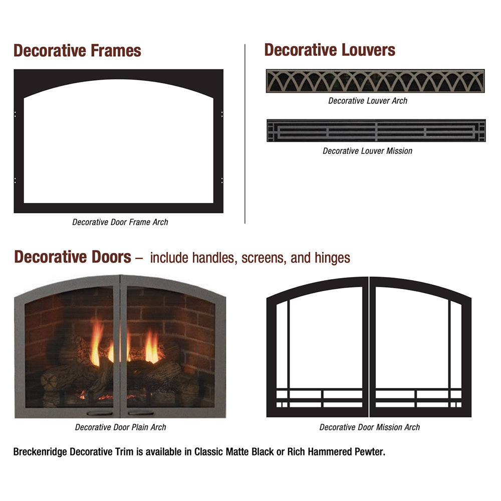 Firebox decorative frames, louver options, and decorative door arches feature diagram