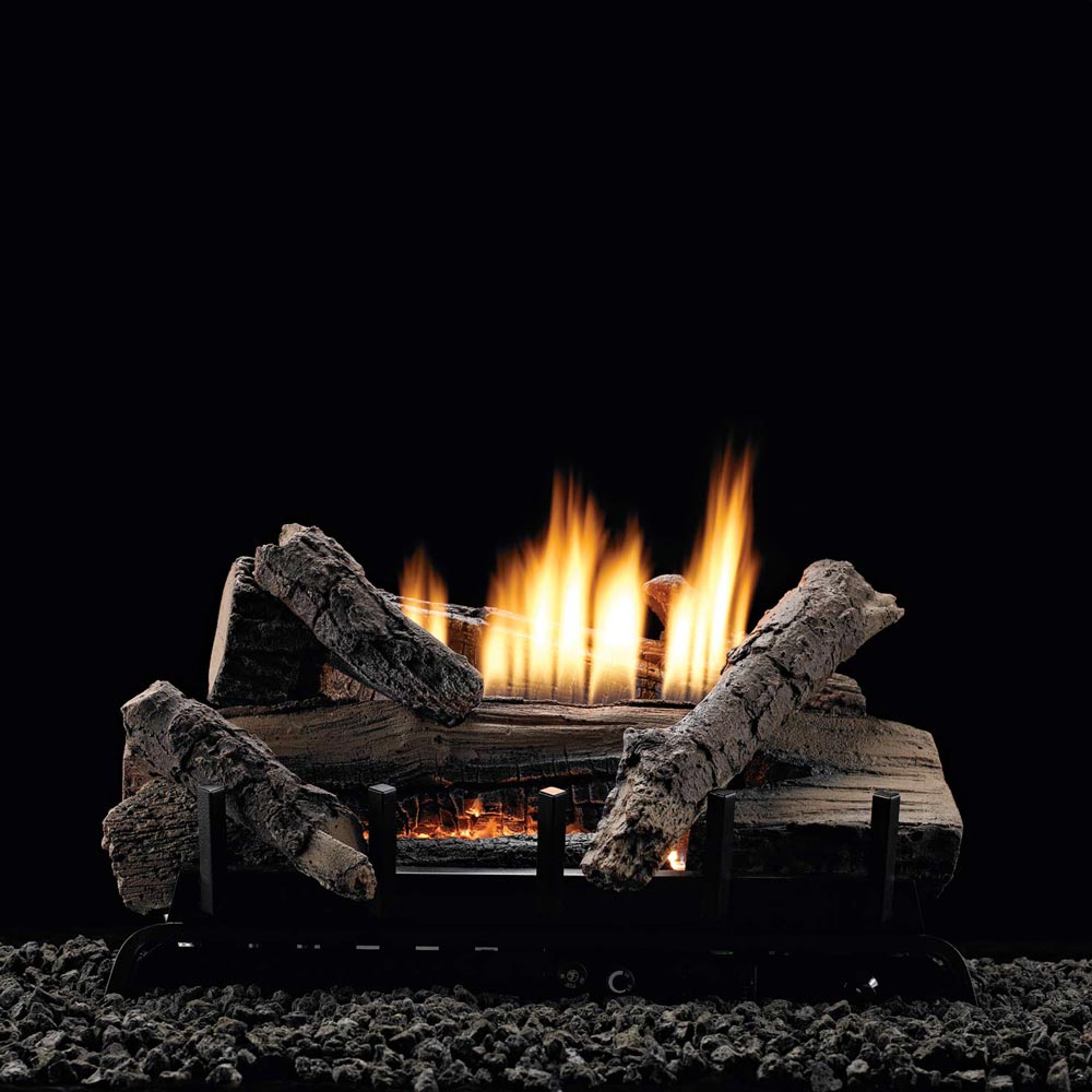 Ventless gas log set with dark refractory logs and open burner flames