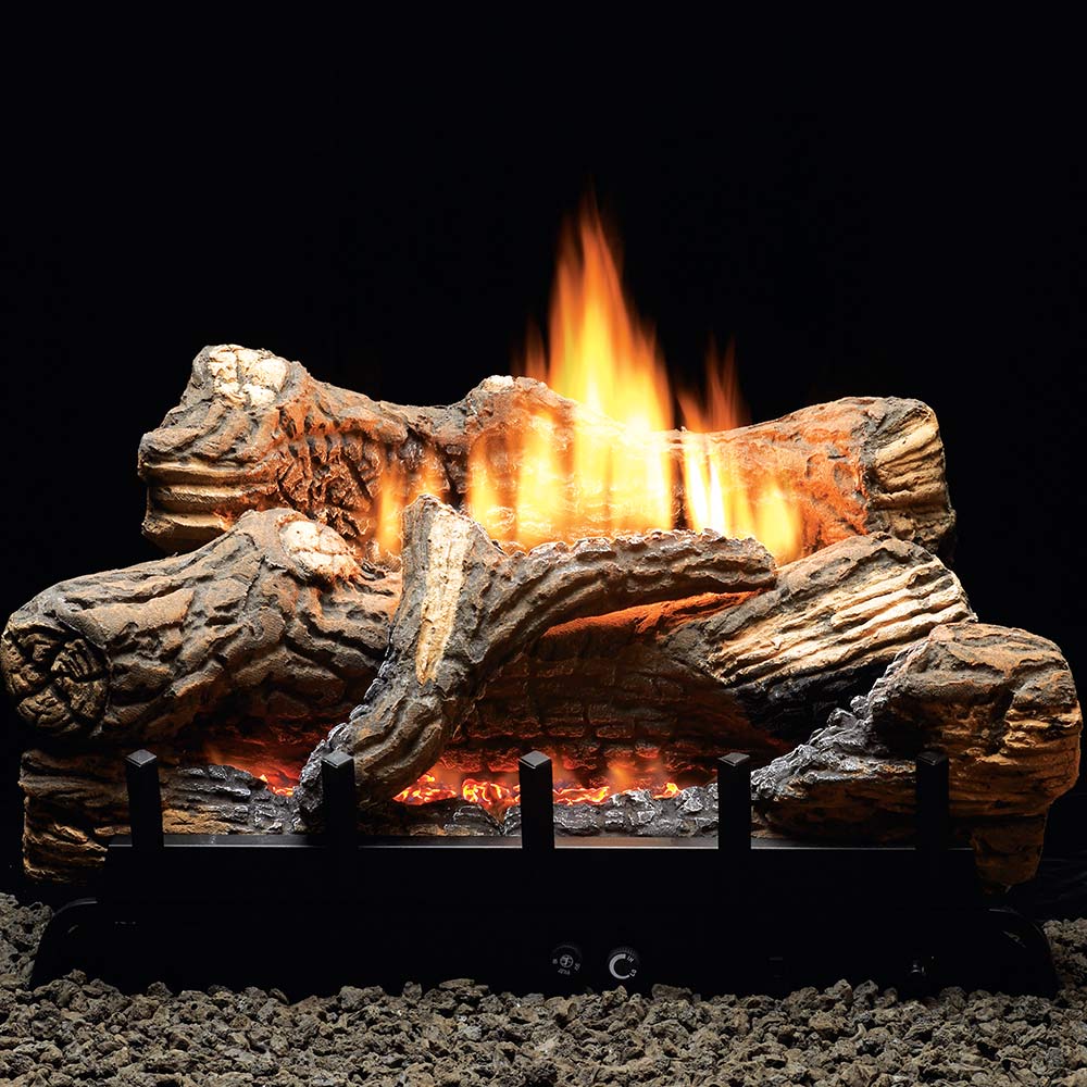 Ventless gas firebox with glowing logs and tall orange flames, black frame