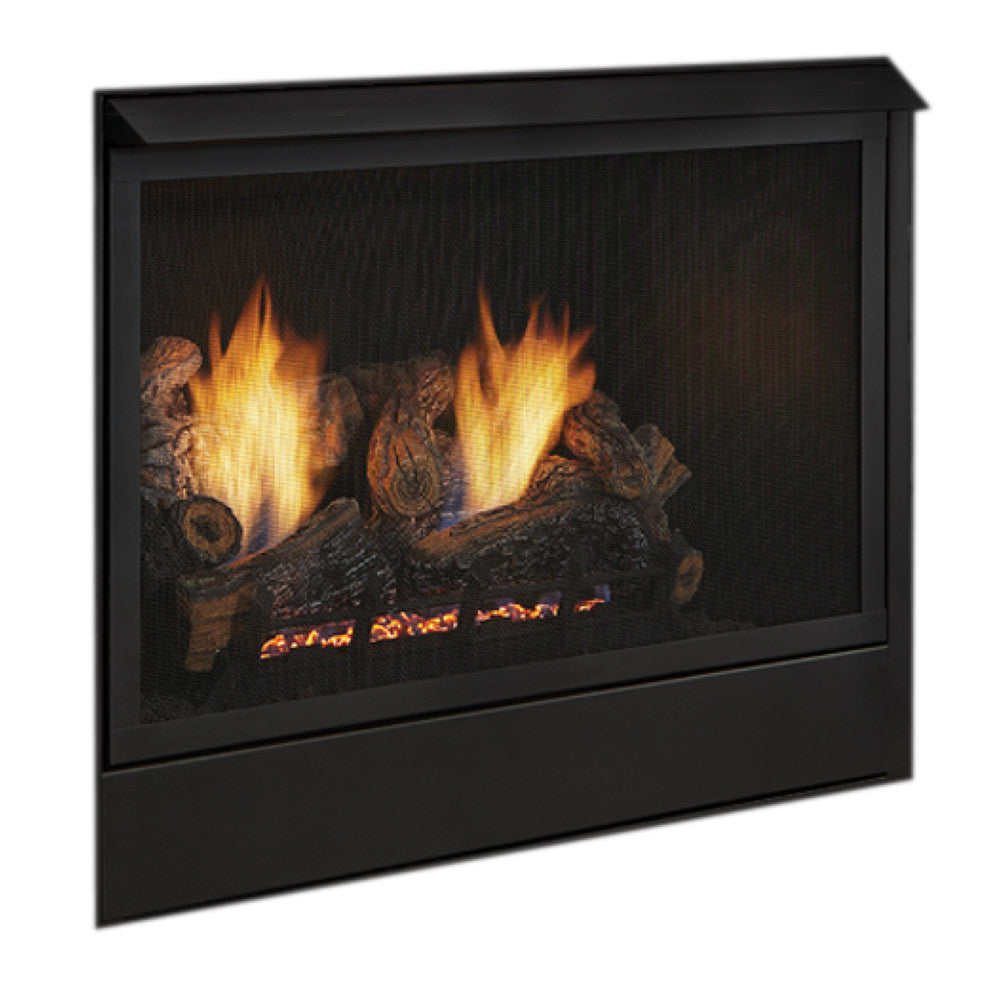 Black vent-free fireplace with burning gas logs behind dark glass screen