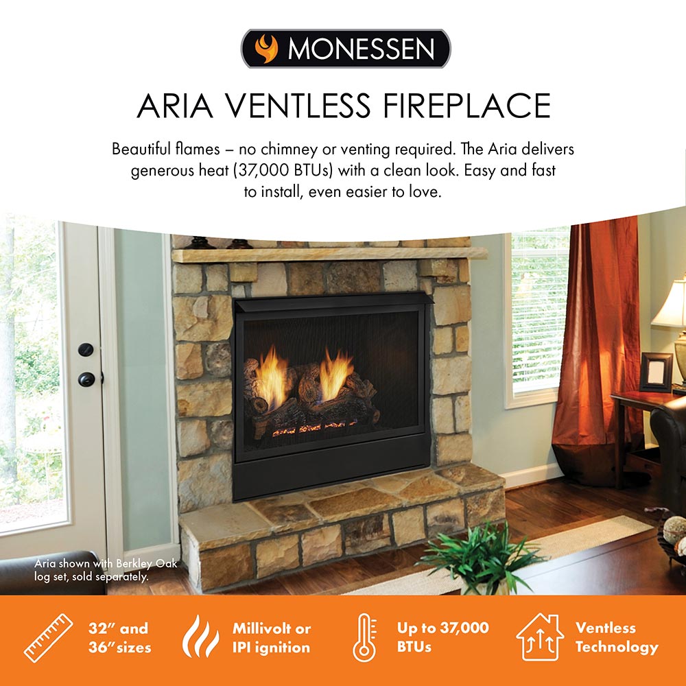 Monessen ARIA ventless fireplace with burning logs and black metal frame