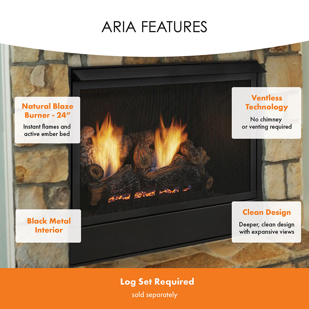 ARIA features infographic: Natural Blaze burner, ventless tech, black metal interior