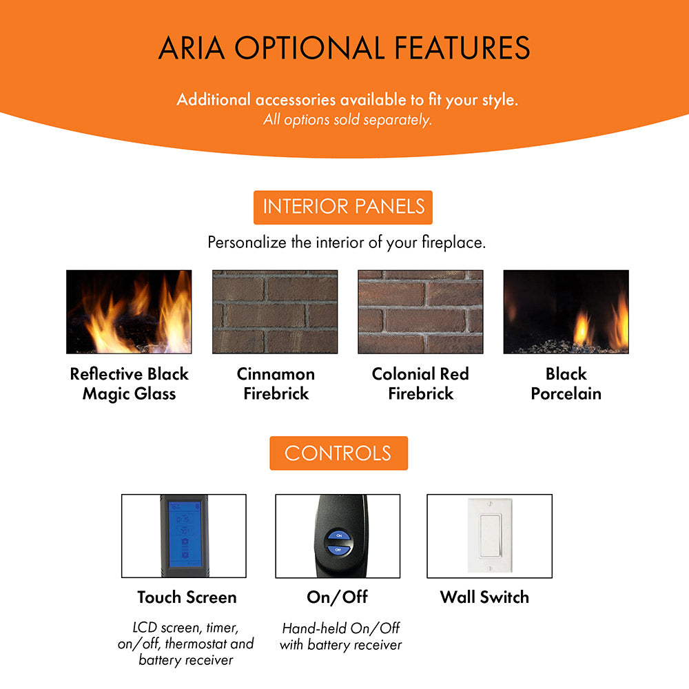 Ventless fireplace optional features chart with interior panels and control icons