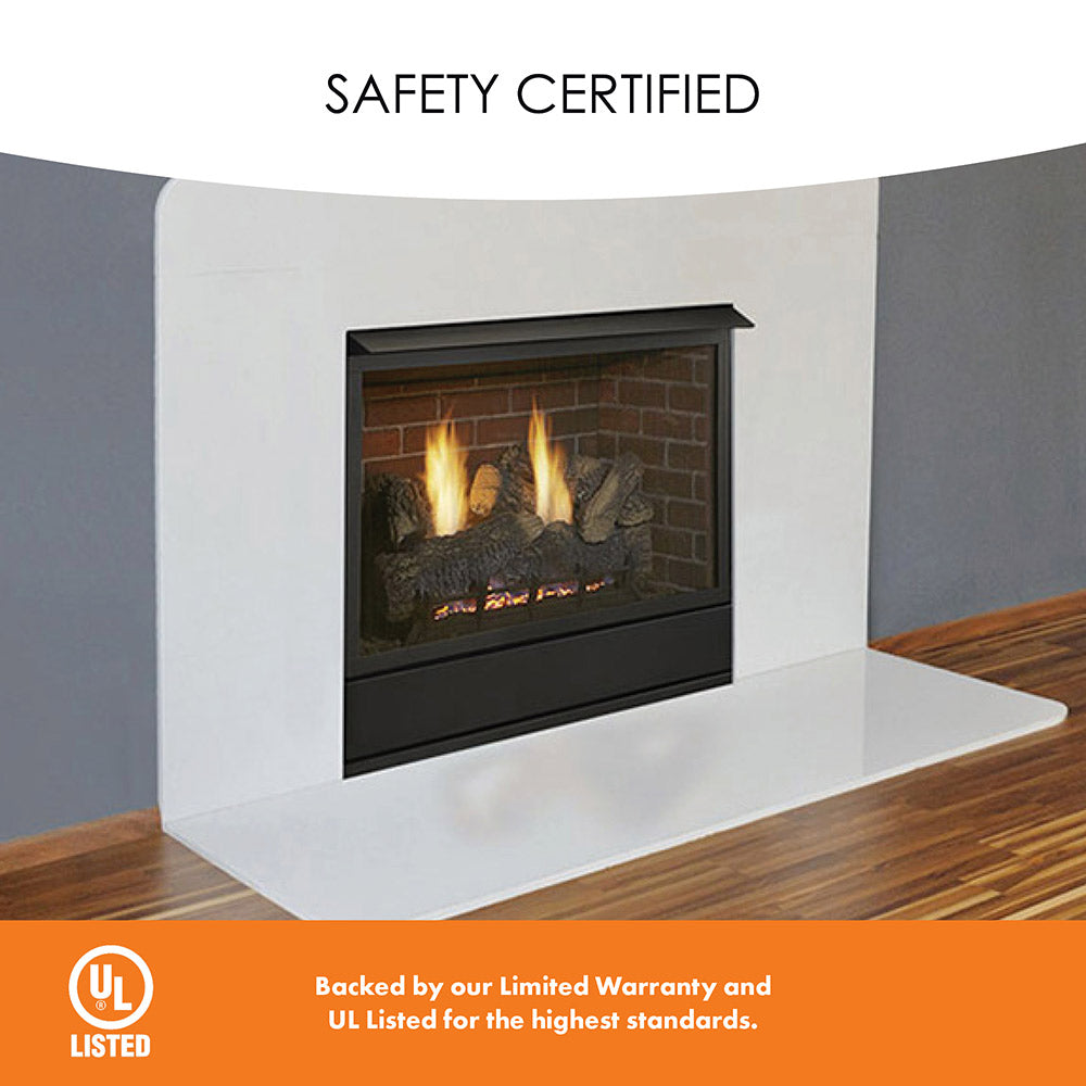 White wall alcove with black ventless fireplace insert and burning logs; UL listed badge