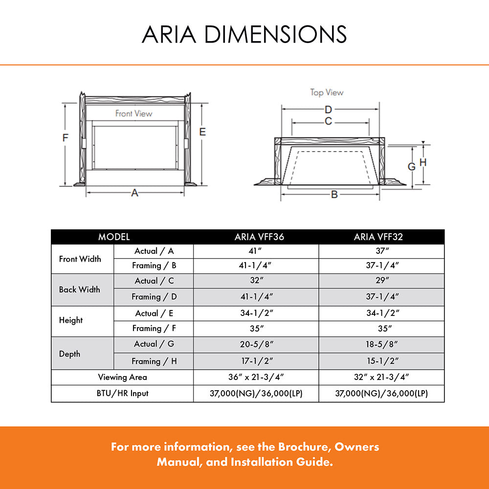 ARIA dimensions diagram with model table for VFF36 and VFF32 ventless fireplaces