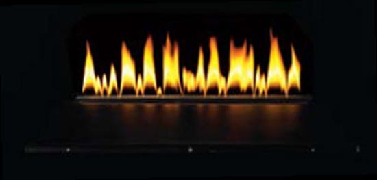 Ventless gas burner with steady yellow flames and front grate