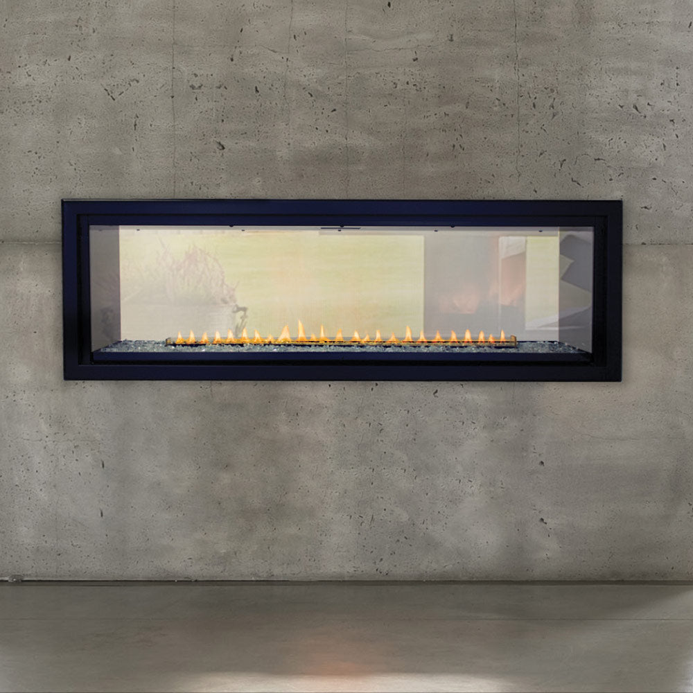Linear ventless fireplace with black frame and glass panel, showing gas flame.