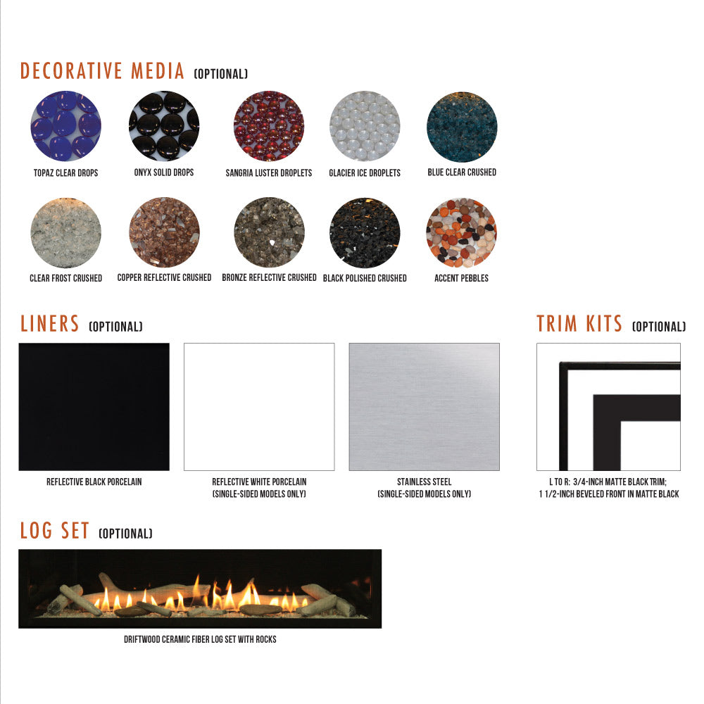 Fireplace accessory options chart showing decorative media, liners, and log set.
