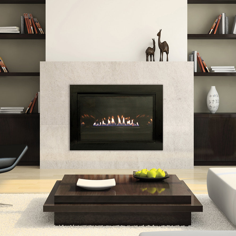 Loft ventless fireplace insert with black liner and glass firebox, burning flames