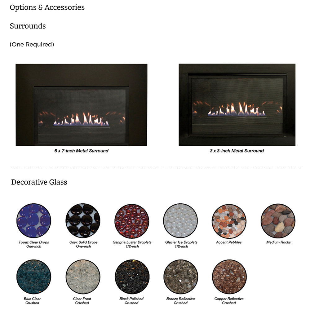 Fireplace accessory options page showing metal surrounds and decorative glass samples