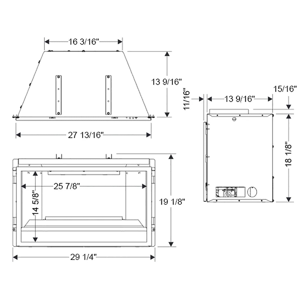 Ventless fireplace insert dimensions diagram with front and side measurements