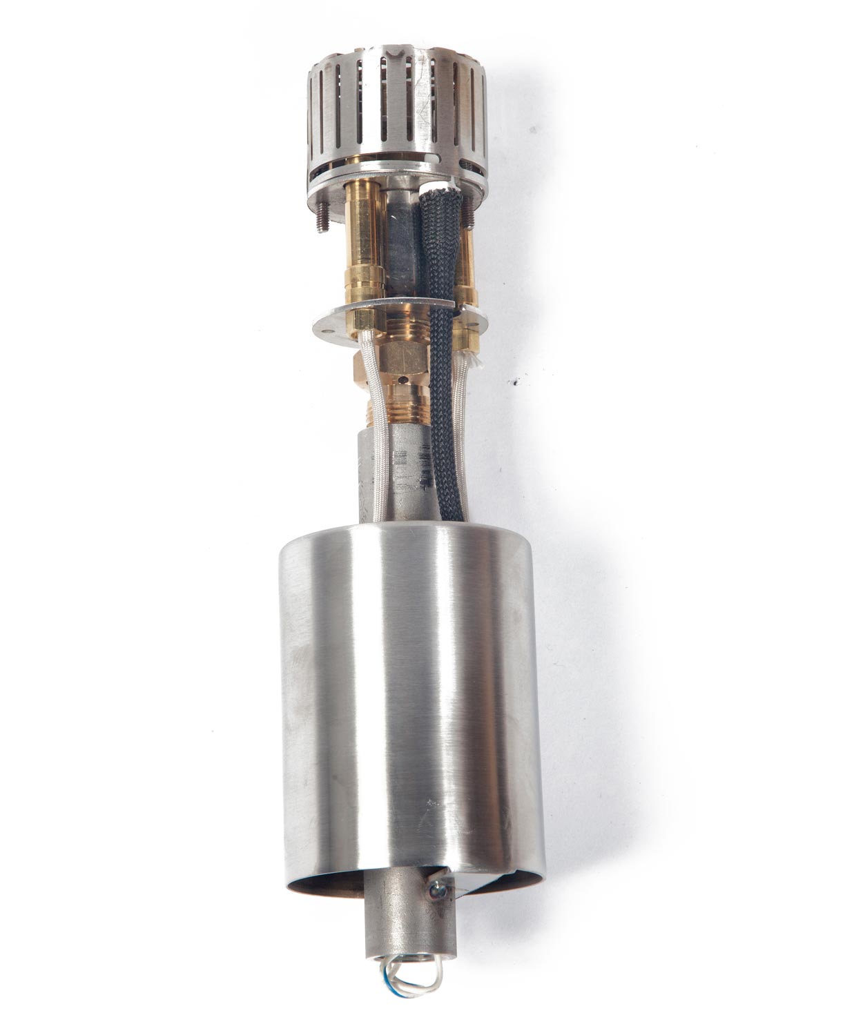 Stainless steel gas fire pit burner module with electronic connector and chrome top