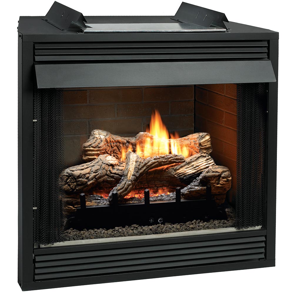 Black ventless premium firebox with burning gas logs and decorative mesh side panels