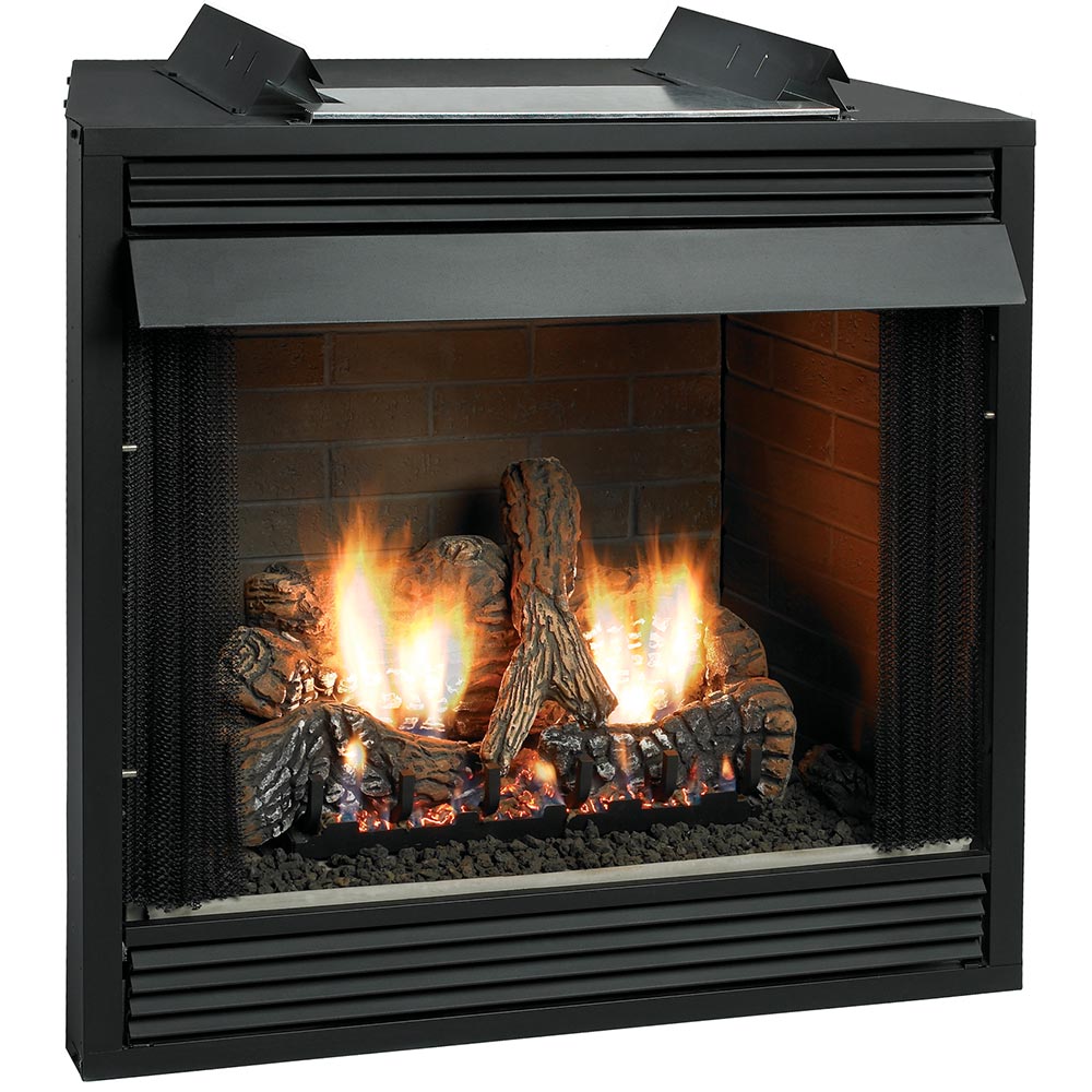 Black ventless premium firebox with glass front, burning gas log set inside